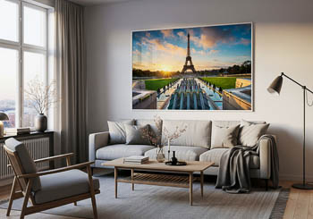 Wandbild | Sonnenaufgang am Springbrunnen vor dem Eiffelturm in Paris