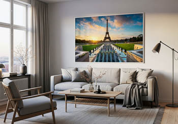 Wandbild | Sonnenaufgang am Springbrunnen vor dem Eiffelturm in Paris