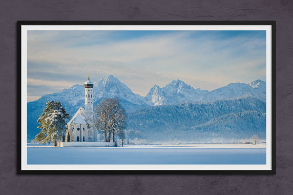 Fine Art Print | St. Coloman church and Alps in Bavaria during winter