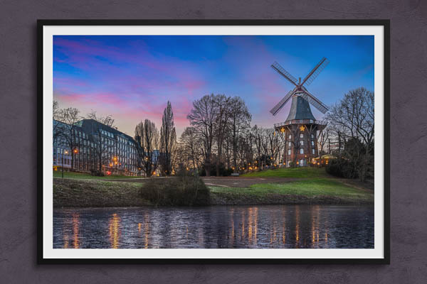 Fine Art Print | Winter sunset at a windmill in Bremen