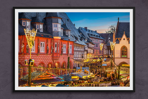 Fine Art Print | Historic buildings with Christmas lights in Goslar