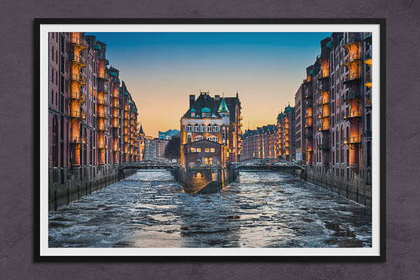 Fine Art Print | Speicherstadt in Hamburg on a winter evening