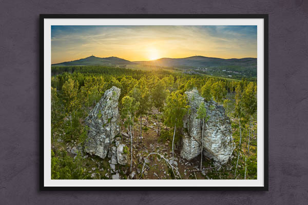 Poster / Kunstdruck | Schnarcherklippen im Harz zum Sonnenuntergang