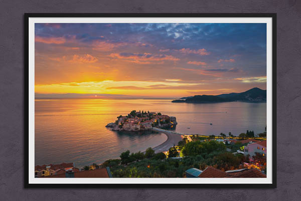 Poster / Kunstdruck | Sveti Stefan Insel in Montenegro bei Sonnenuntergang
