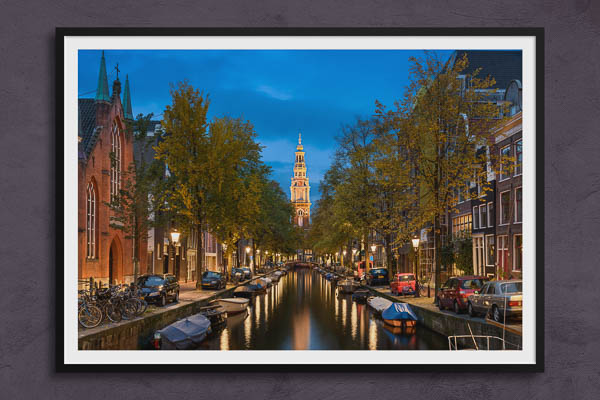 Fine Art Print | Canal and a church in Amsterdam at night