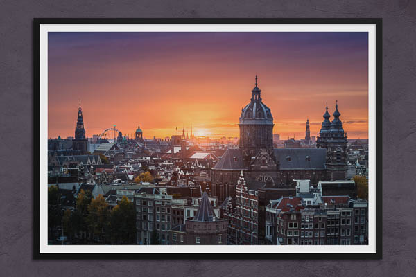 Poster / Kunstdruck | Sonnenuntergang über der historischen Stadt von Amsterdam