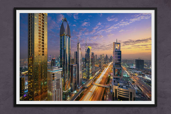 Poster / Kunstdruck | Skyline von Dubai zum Sonnenuntergang