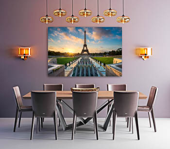Wandbild | Sonnenaufgang am Springbrunnen vor dem Eiffelturm in Paris