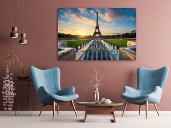 Wandbild | Sonnenaufgang am Springbrunnen vor dem Eiffelturm in Paris