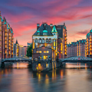 Sunset in the Speicherstadt district in Hamburg